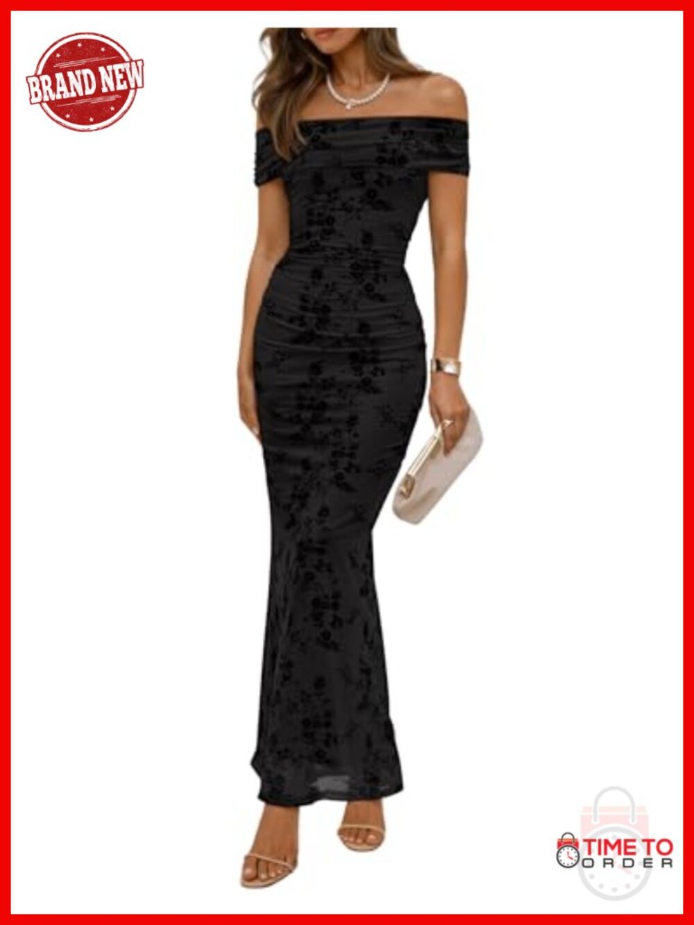 Off Shoulder Floral Bodycon Ruched Mesh Maxi Dress for Cocktail Wedding Guest